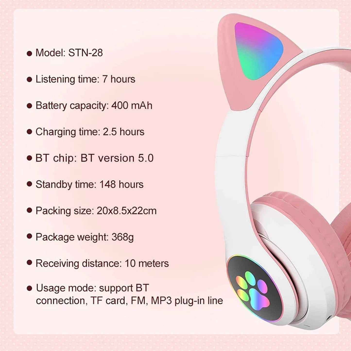 STN - 28 Wireless Headset 🎧🐱/ RGB Kitty Gaming Headset Random Color - Mateen Mart